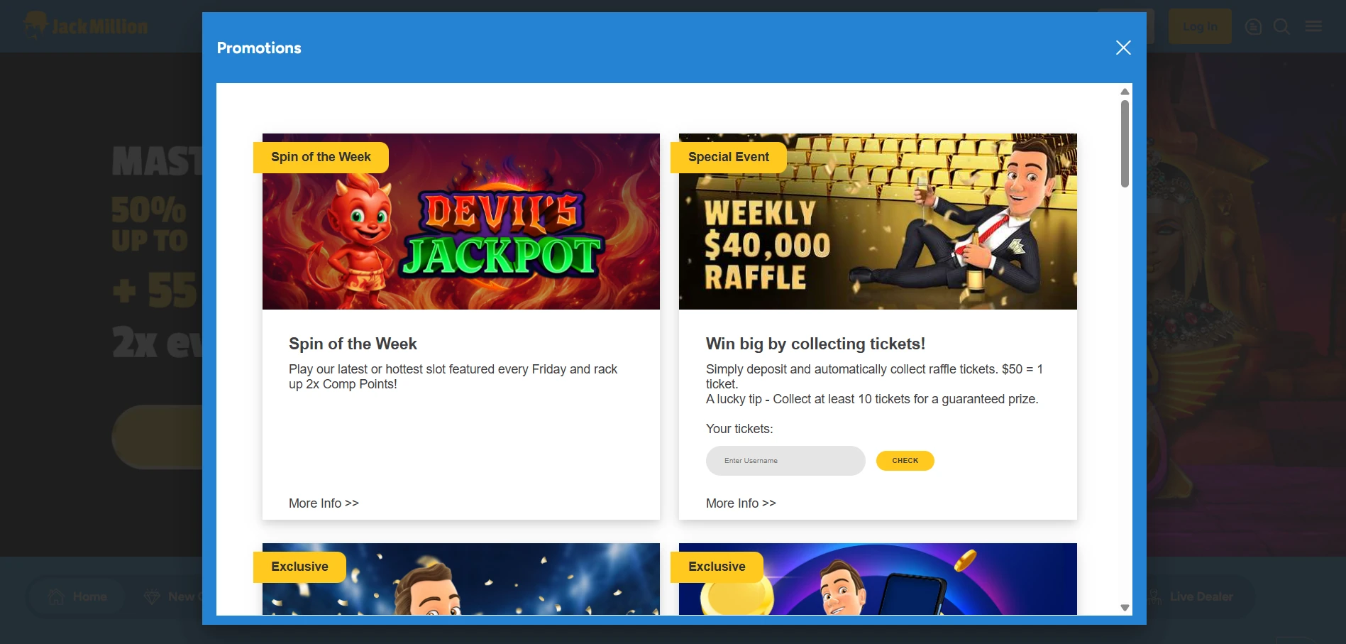 Bonus section of the JackMillion Casino website