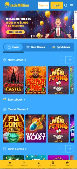 JackMillion Casino on a mobile phone screen
